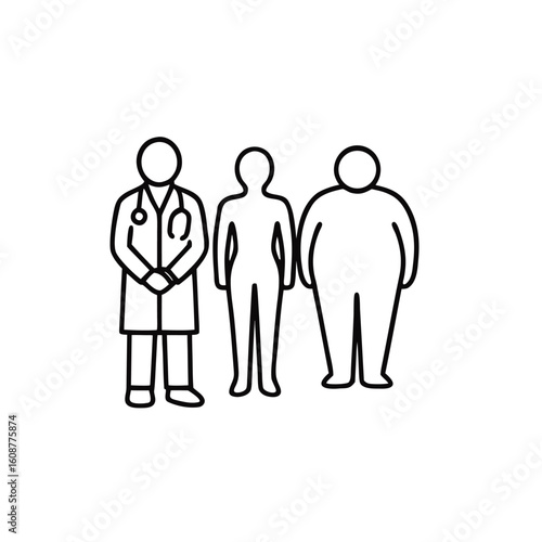 Visual Metaphor Depicting Healthcare Professional Standing Beside Patients with Normal and Overweight Body Types Representing Obesity Healthcare