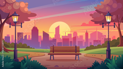 a peaceful scene of a city park at sunset