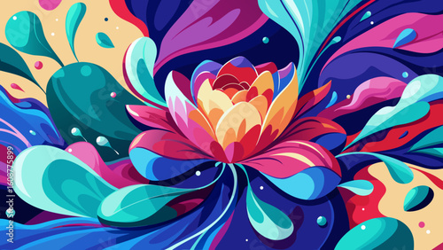 Vector art of an abstract lotus flower bursts with vibrant colors and fluid shapes, creating a dynamic and artistic floral design