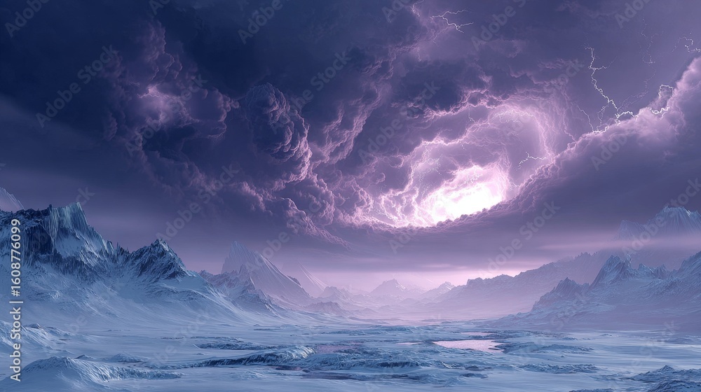 Fototapeta premium A dramatic scene of a purple stormy sky over a snowy mountainous landscape with ice and cold elements.