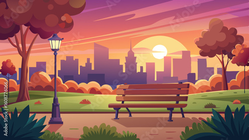 a peaceful scene of a city park at sunset