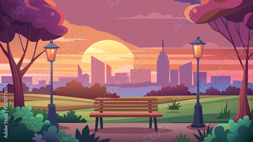 a peaceful scene of a city park at sunset