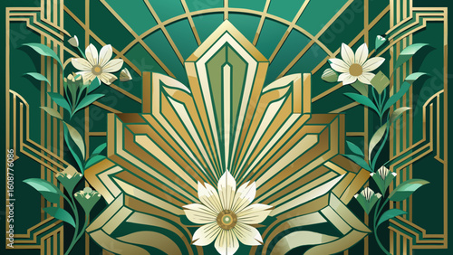 Vector art of an elegant art deco design featuring ornate gold geometric patterns and stylized green leaves and white flowers