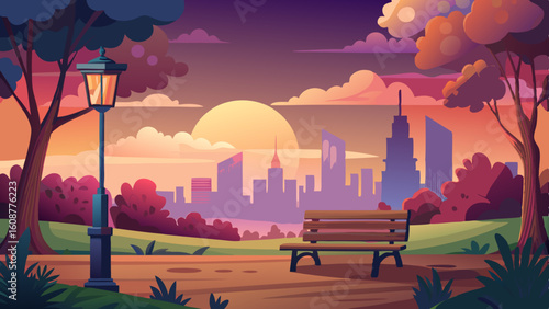 a peaceful scene of a city park at sunset