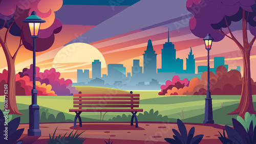 a peaceful scene of a city park at sunset