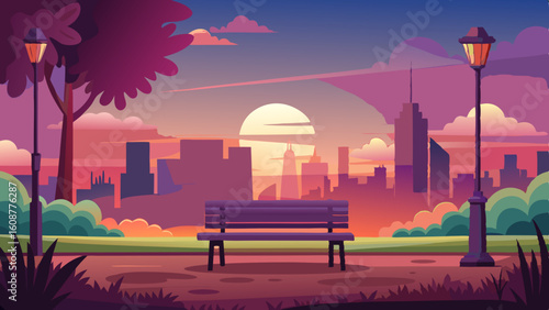 a peaceful scene of a city park at sunset