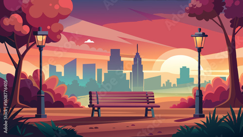 a peaceful scene of a city park at sunset