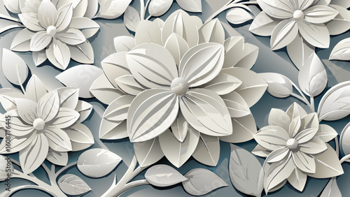Vector art of a detailed composition of white, stylized flowers and leaves with delicate shadows, showcasing a sophisticated papercraft aesthetic