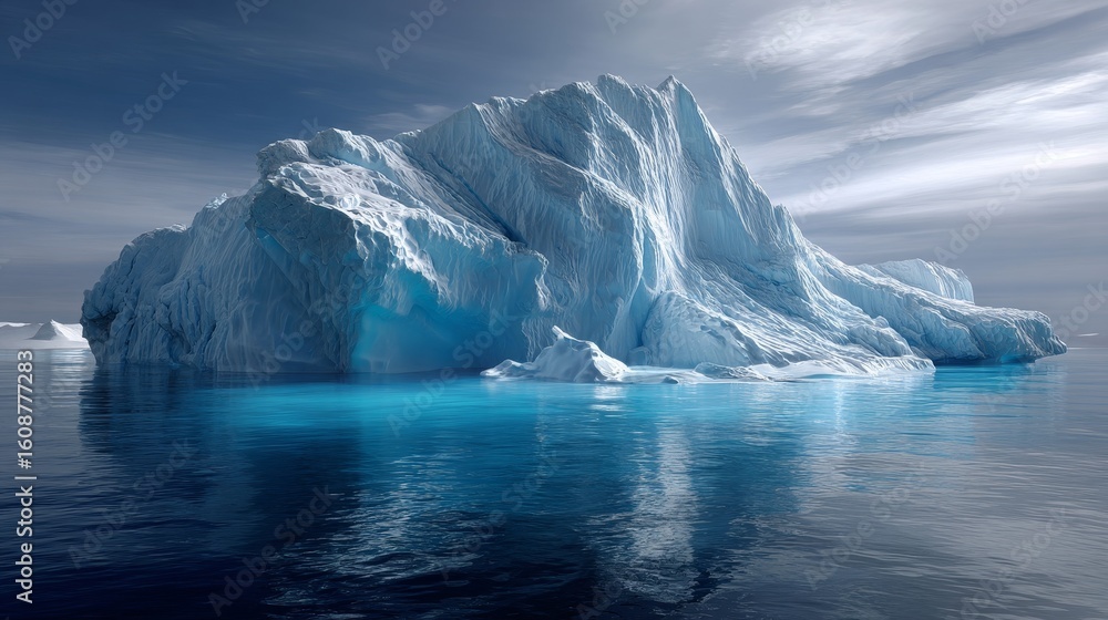 Fototapeta premium A large iceberg floats in the clear blue ocean under a cloudy sky, showcasing the beauty of nature's icy formation.