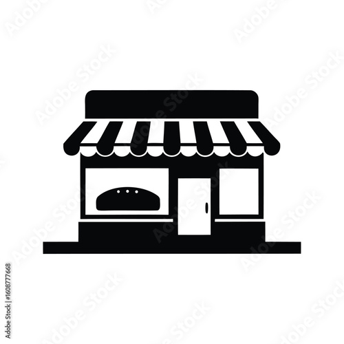 Minimalist bakery icon with awning and a bread display, clean design