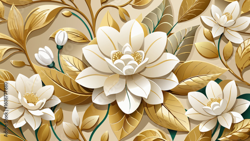 Vector art of a stunning composition of white and gold flowers with lush foliage and delicate buds
