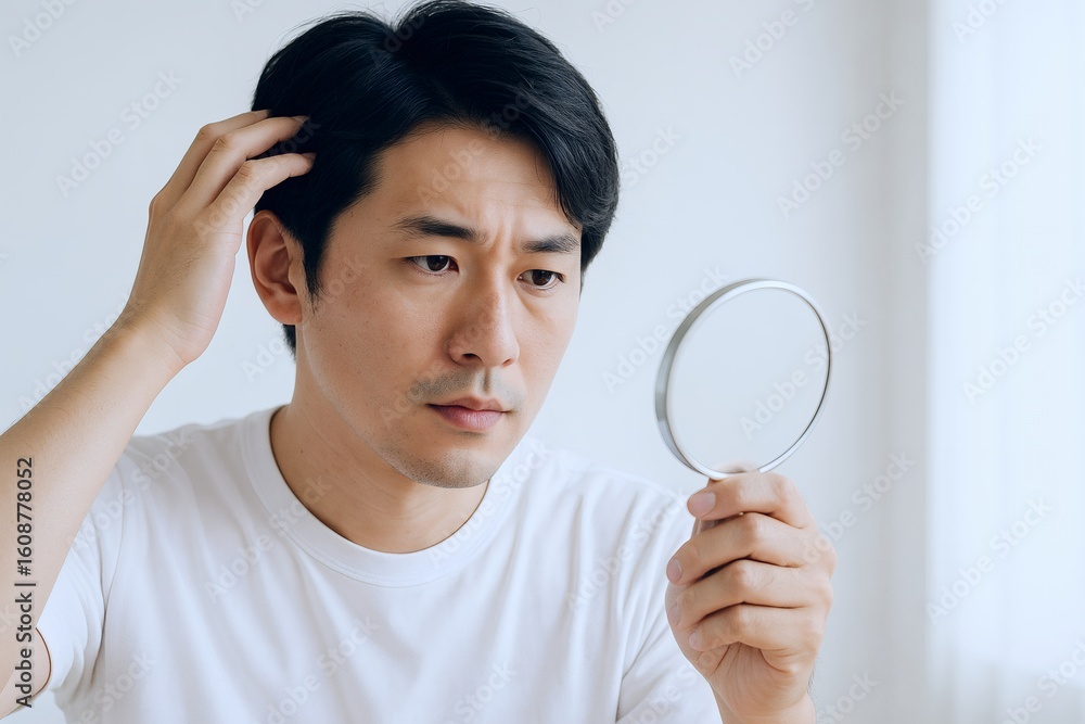 薄毛を気にする男性が鏡で頭皮をチェックする姿 薄毛を気にする男性が鏡で頭皮をチェックする姿
