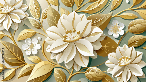 Vector art of a stunning display of white and gold flowers with lush foliage creates an opulent floral scene