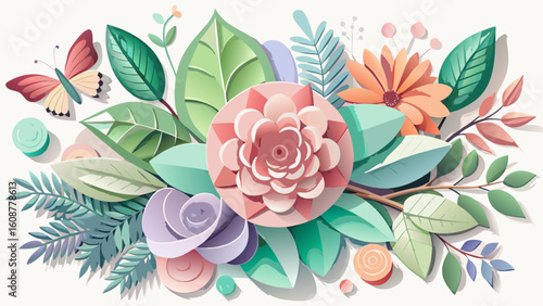 Vector art of a delightful papercraft floral arrangement featuring flowers, leaves, and butterflies