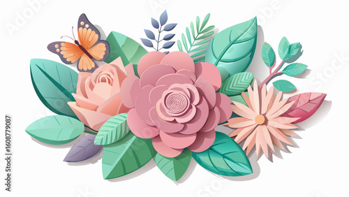 Vector art of an artistic papercut floral arrangement with delicate butterflies and foliage, presented on a clean white background