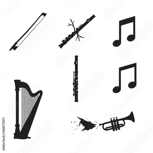 Black silhouette musical instruments with musical notes against a white background