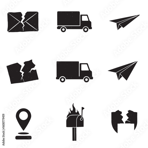Collection of black and white delivery and mailing service related icon illustrations
