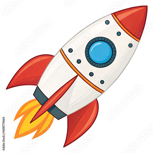 Cartoon rocket ship with flames blasting off into space isolated on transparent background