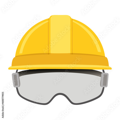  Yellow construction hard hat with safety goggles for industrial worker head protection.
