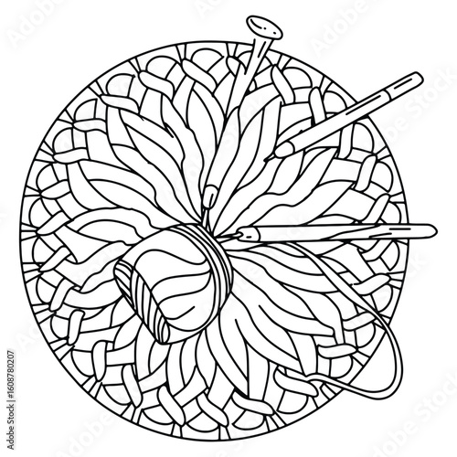 Elegant black and white illustration of knitting yarn and needles within a floral mandala