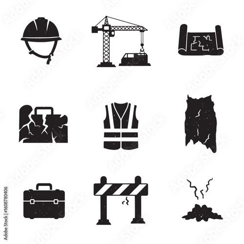 Construction and disaster icons set vector illustration in grunge style isolated on white background
