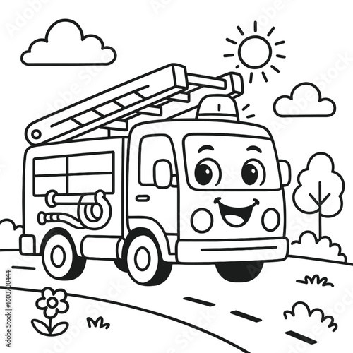 Smiling Fire Truck Coloring Page for Children
