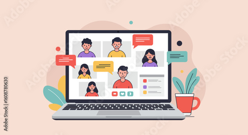 Laptop screen shows six people in a video call with chat bubbles