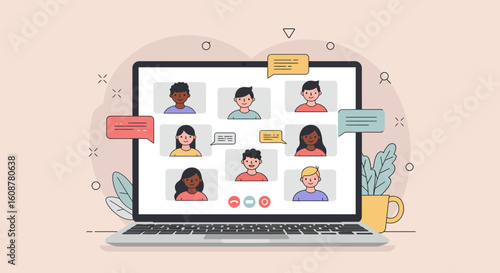 Laptop screen displays a video conference with multiple participants in separate windows