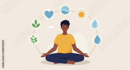 Person meditating surrounded by icons of nature water sun and heart