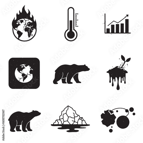 Icons representing climate change global warming environmental issues and consequences