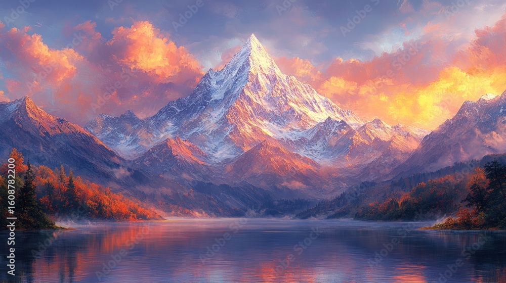 Fototapeta premium Majestic mountain peak over a tranquil lake at sunset