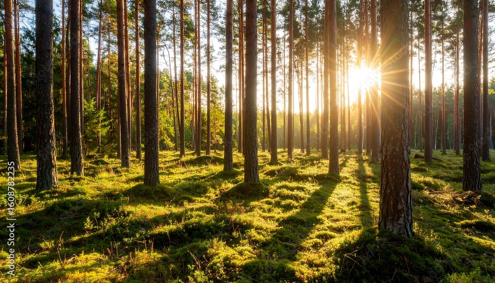 Fototapeta premium Sunlight streams through a dense pine forest. Sunlight beams through tall pine trees, casting long shadows on a mossy forest floor. Tranquil, natural scene