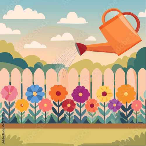 Watering Vibrant Flowers in a Garden