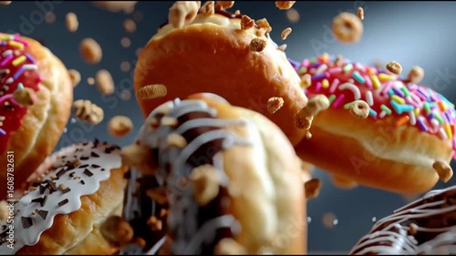 Group of assorted vibrant donuts falling in slow motion