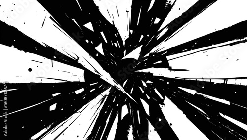 Vector art of a dynamic explosion of sharp black and white fragments creates a chaotic abstract background