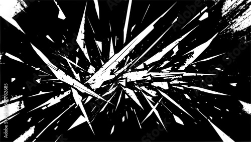 Vector art of a dynamic explosion of sharp black and white fragments creates a chaotic abstract background