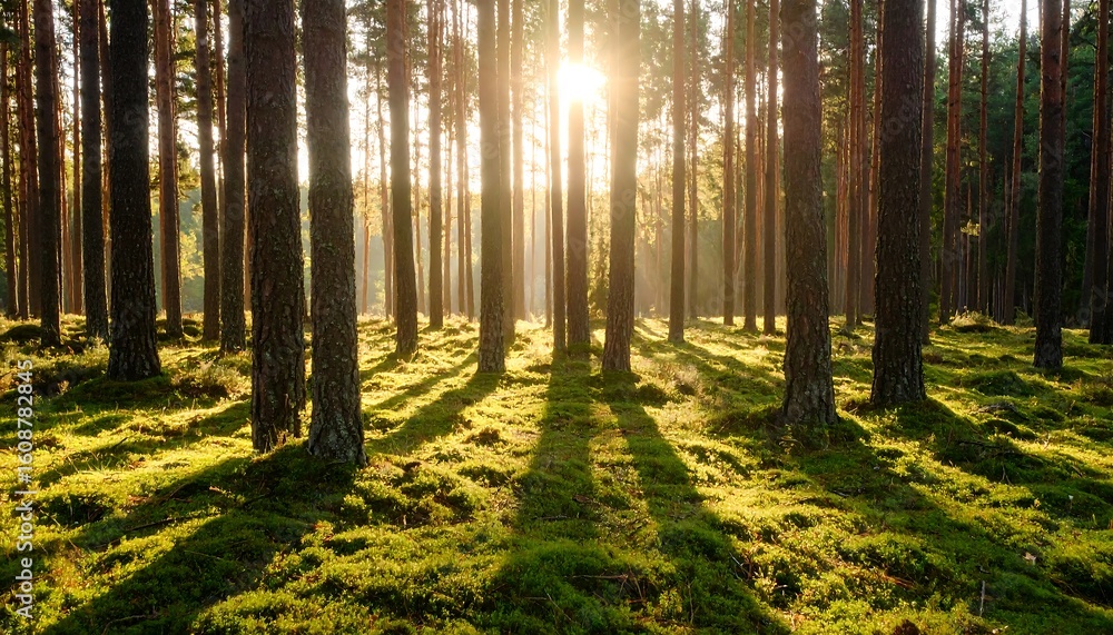 Obraz premium Sunlight streams through a dense pine forest, casting long shadows on the mossy ground