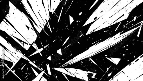 Vector art of explosive abstract black and white geometric shards burst outwards with dynamic energy