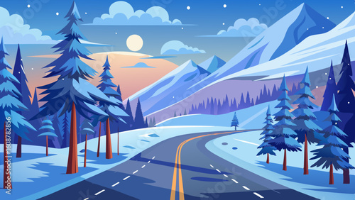 landscape of a winter road in a pine forest