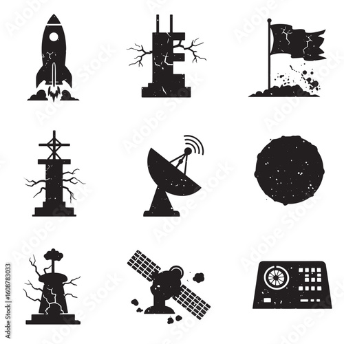 Vector illustration of grunge space icons including rocket ship satellite and moon elements