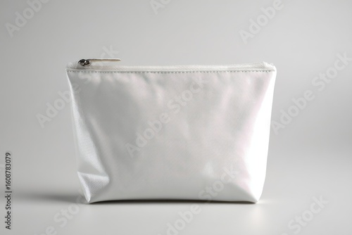 Glossy white pouch with zip closure on light gray background for a sleek, clean appearance.