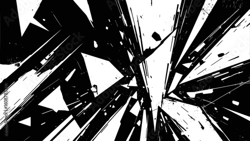 Vector art of sharp black and white geometric shapes create a dynamic abstract explosion