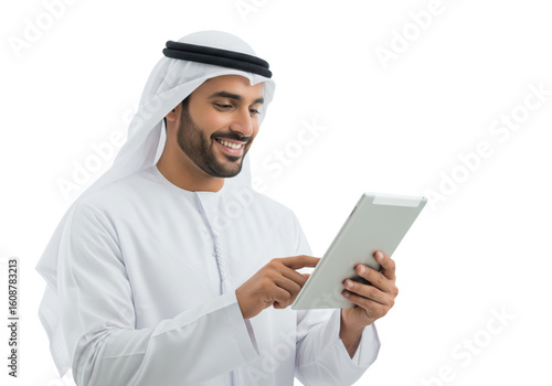 Smiling Arab Man Using Tablet, isolated on a transparent background

