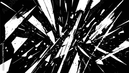Vector art of intense black and white abstract explosion of sharp geometric shards