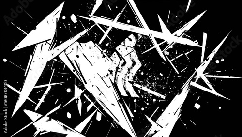Vector art of a chaotic abstract design featuring sharp, fragmented black and white shapes