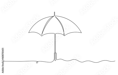 Umbrella Continuous Line Drawing, Continuous single line drawing of opened umbrella, Summer holiday concept doodle vector illustration