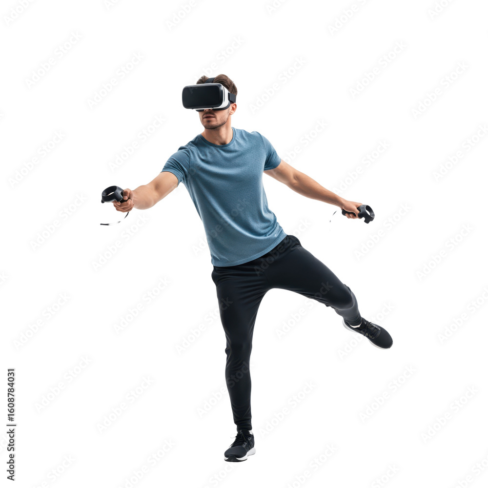 Fototapeta premium Man Exercising in VR Headset, isolated on a transparent background
