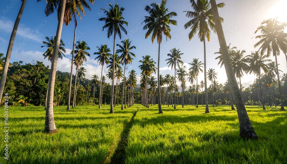 Fototapeta premium Sunlight streams through a grove of tall palm trees, casting shadows across a vibrant green field