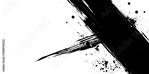 Vector art of a bold black ink brush stroke with splatters creates a dynamic abstract design on white