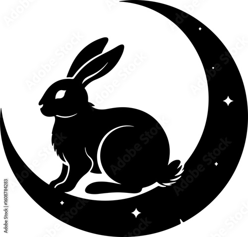 Silhouette Vector of Rabbit Sitting on the Moon – Magical Night Scene